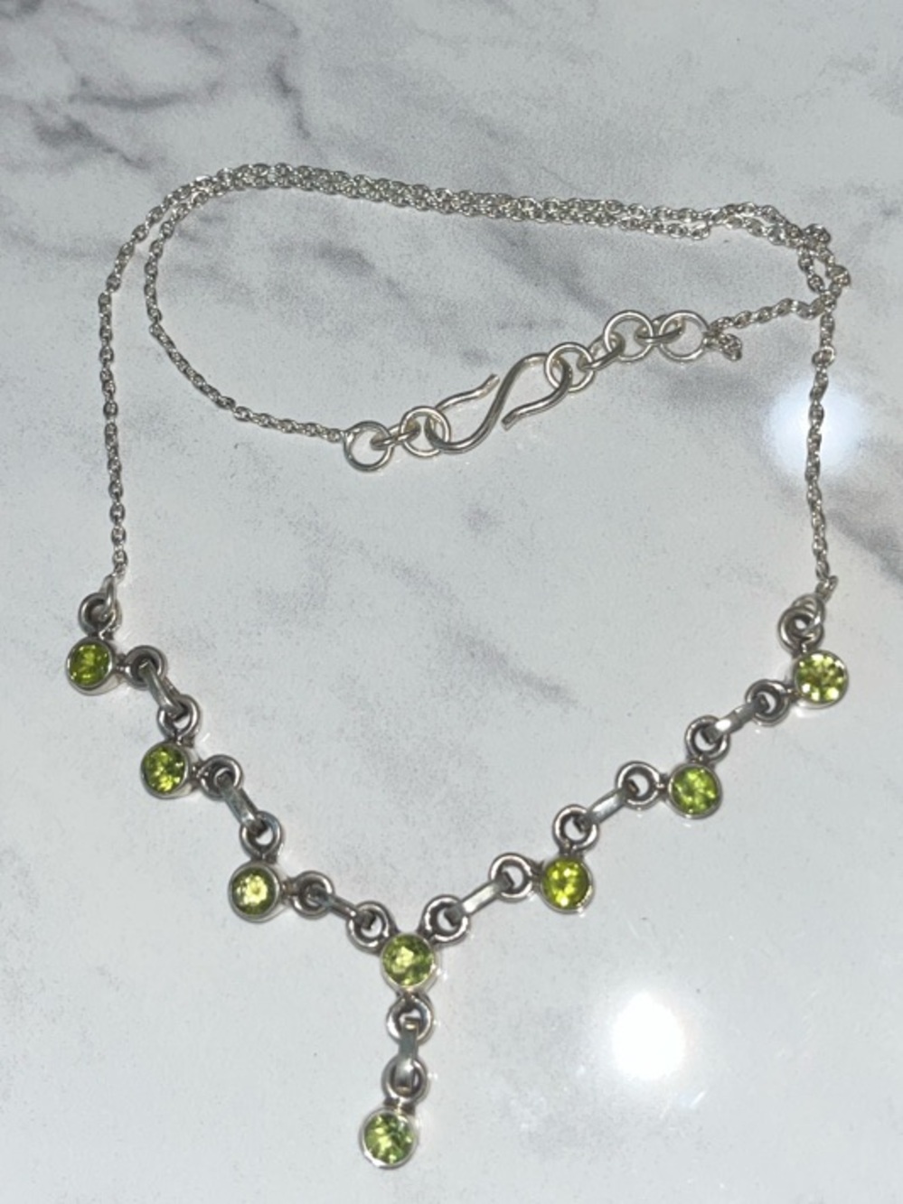 Silver Necklace with Faceted Peridot Gem Accents - 18 inches